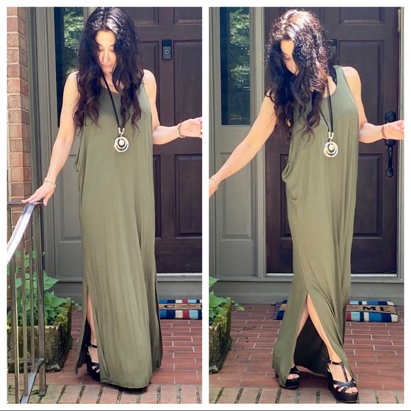OLIVE GREEN SIDE SLITS TANK MAXI DRESS - Picture 10 of 15